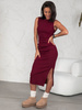 Codzienny bawełniany KOMPLET sukienka midi z prążkowanej dzianiny i bluza oversize z dresu bordowy E639 k01