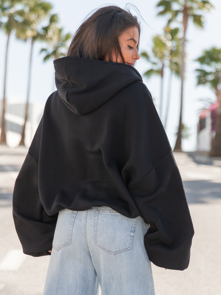 Oversizowa BLUZA z kapturem zapinana na zamek bluzowana kangurka z bawełnianej dresówki czarna X1