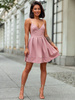 Elegancka rozkloszowana sukienka na cienkich ramiączkach brudny róż c319 k01