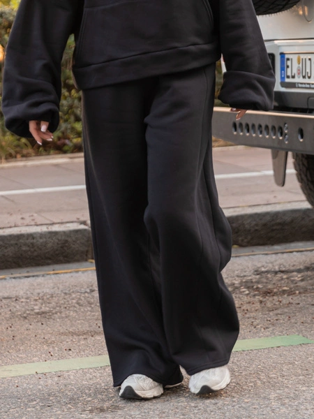 Bawełniane dresowe SPODNIE szeroki krój bez ściągaczy z dresu drapanego czarne X512