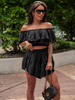 KOMPLET bluzka hiszpanka z odkrytymi ramiona i asymetryczne spódnico spodenki ze zwiewnej tkaniny czarny E286 k01