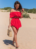 KOMPLET bluzka hiszpanka z odkrytymi ramionami i asymetryczne spódnico spodenki ze zwiewnej tkaniny czerwony X123 k01