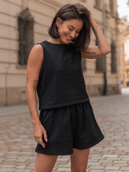 Dresowy bawełniany KOMPLET krótki oversizowy t-shirt i krótkie spodenki czarny X215 k01