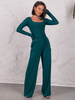 KOMPLET bluzka z kwadratowym dekoltem i szerokie spodnie z wiskozy zielony E650 K01