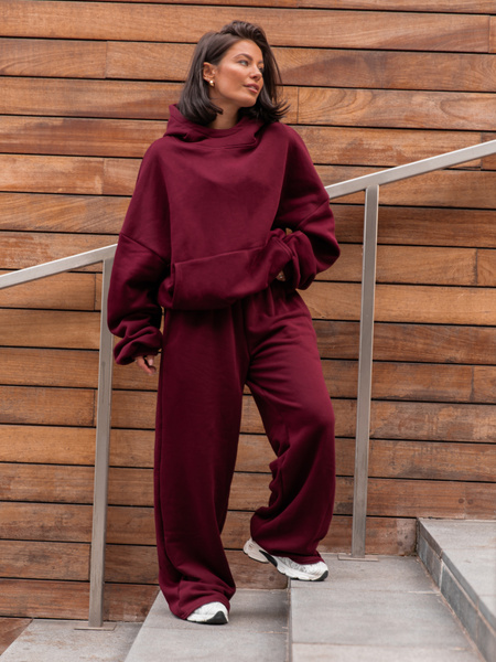 Viralowa Bawełniana BLUZA z drapanego dresu z kapturem na stójce z kieszeniami kangurka bordowa E1