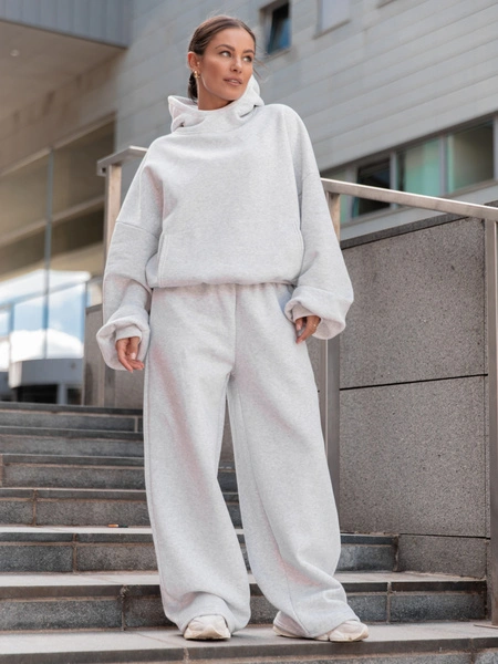 Dresowe bawełniane SPODNIE  z szerokimi nogawkami szary melanż X31