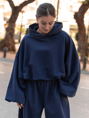 Bawełniana dresowa BLUZA z kapturem oversize z szerokimi rękawami z dresu pętelkowego navy blue X515