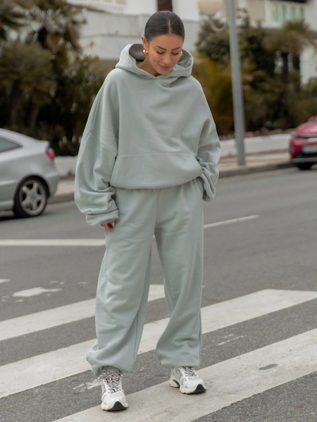 Oversizowy KOMPLET z drapanego bawełnianego dresu szeroka bluza z kapturem kangurka i spodnie szerokie baggy szałwiowy E644 + E643