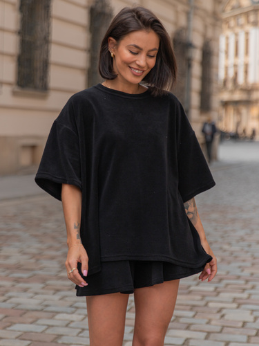 KOMPLET z bawełnianej frotty długi oversizowy t-shirt i krótkie spodenki czarny X212 k01