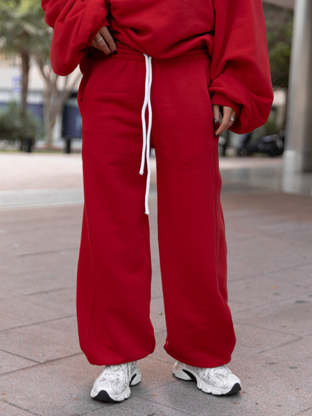 Oversizowe bawełniane SPODNIE dresu drapanego z przeszyciem i ściągaczami czerwone X476