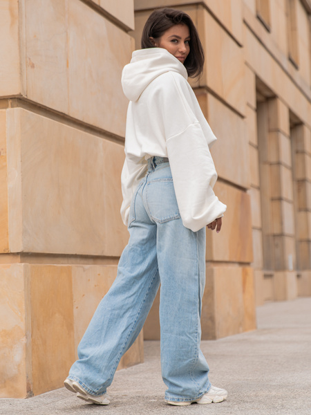 Dresowa bawełniana BLUZA kangurka z kapturem o krótszym kroju bluzowana ecru X304