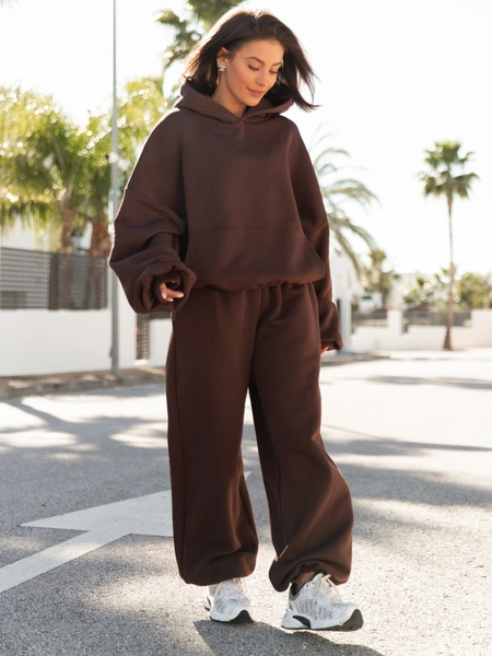 Viralowa Dresowa bawełniana BLUZA z kapturem oversize szeroka brązowa E644