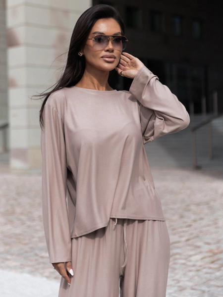 Wiscozowy luźny szeroki T-SHIRT z długim rękawem mokka X415