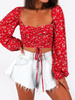 KRÓTKA MARSZCZONA BLUZKA SZEROKIE RĘKAWY czerwona w kwiatki B162 k01