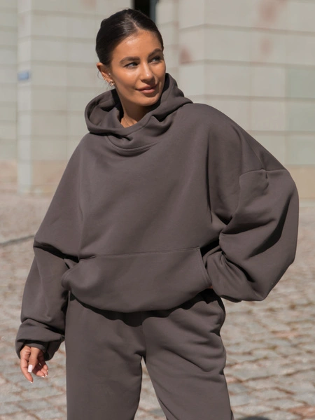 Viralowa Bawełniana BLUZA z drapanego dresu z kapturem na stójce z kieszeniami kangurka dark mokka E1