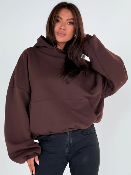 Bawełniana BLUZA z drapanego dresu z kapturem na stójce z kieszeniami kangurka brązowa E1