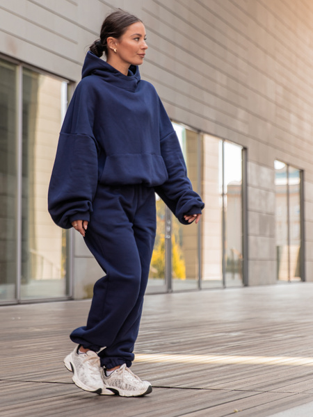 Viralowa Bawełniana BLUZA z drapanego dresu z kapturem na stójce z kieszeniami kangurka navy blue E1