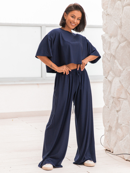 Szerokie SPODNIE z wiskozy ze średnim stanem z gumką w pasie navy blue X202 k01