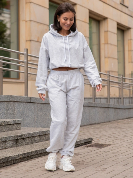 Dresowy bawełniany KOMPLET bluza kangurka z kapturem i spodnie klasyczny krój szary melanż X305 k01