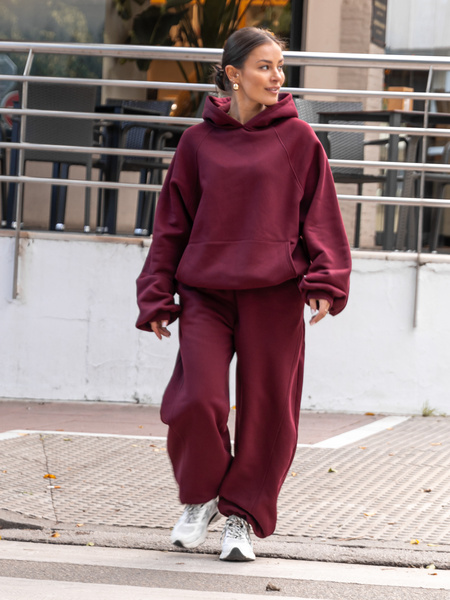 Dresowa bawełniana BLUZA z kapturem oversize z raglanowymi rękawami bordowa X509