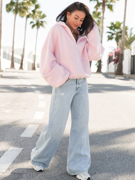 Oversizowa BLUZA z kapturem zapinana na zamek bluzowana kangurka z bawełnianej dresówki baby pink X1
