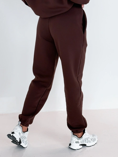 Dresowe bawełniane SPODNIE z wysokim stanem luźny krój ze ściągaczami brązowe E341