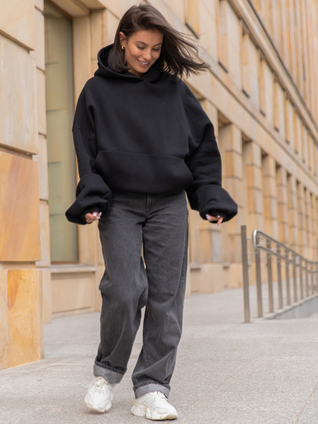 Viralowa Dresowa bawełniana BLUZA z kapturem oversize szeroka czarna E644