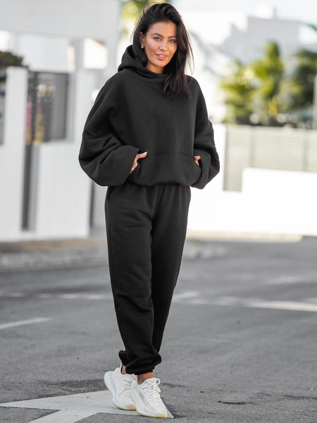 Bawełniana BLUZA z drapanego dresu z kapturem na stójce z kieszeniami kangurka czarny E1