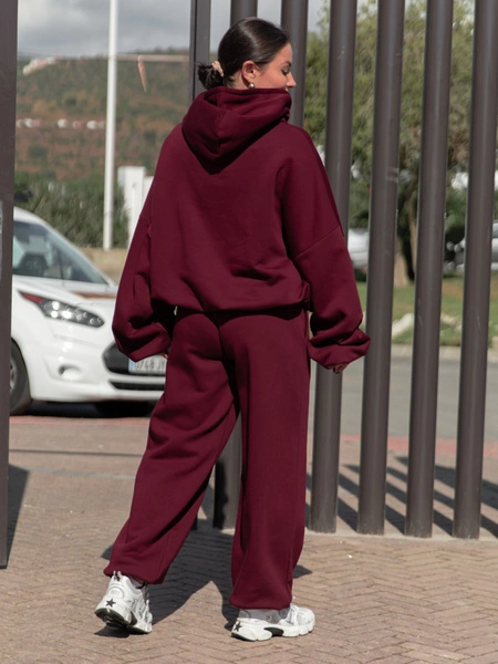 Oversizowa bawełniana BLUZA z dresu drapanego z kapturem bordowa X478