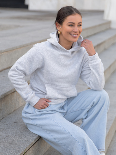 Dresowa bawełniana BLUZA z kapturem regular fit szary melanż X554