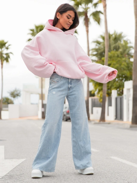 Viralowa Dresowa bawełniana BLUZA z kapturem oversize szeroka baby pink E644