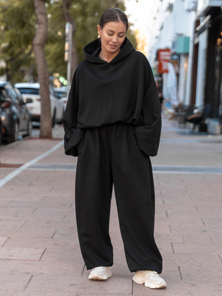 Bawełniana dresowa BLUZA z kapturem oversize z szerokimi rękawami z dresu pętelkowego czarna X515