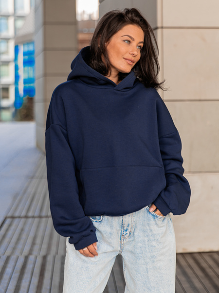 Dresowa bawełniana BLUZA z kapturem kangurka o klasycznym kroju navy blue X350