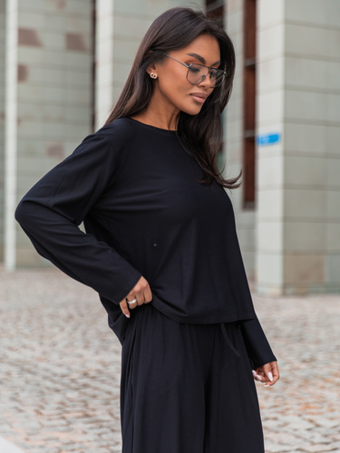 Wiscozowy luźny szeroki T-SHIRT z długim rękawem czarny X415