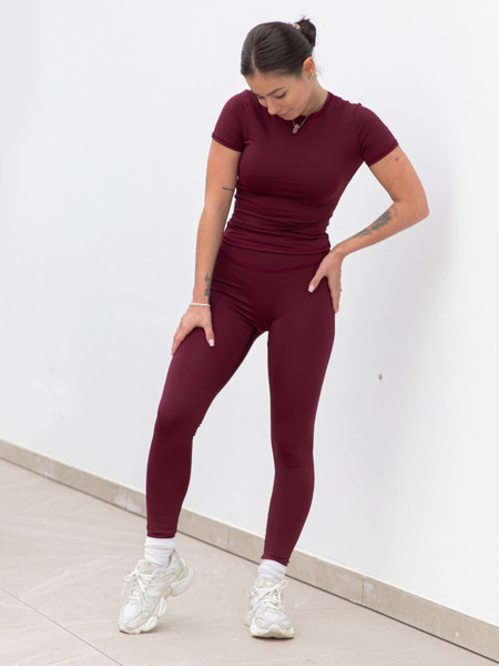 FITNESS / SIŁOWNIA / JOGA dopasowane SPODNIE legginsy z wysokim stanem bordowe F102