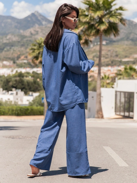 Komfortowy KOMPLET oversizowa koszula z długim rękawem i długie luźne spodnie z tkaniny ala len ciemny jeansowy X174 k01