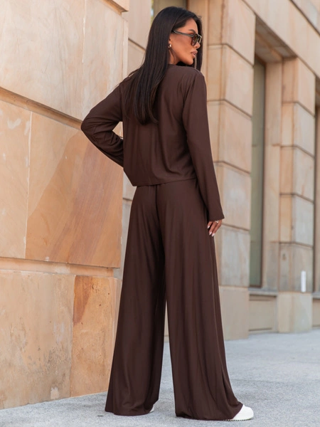 Codzienny komfortowy KOMPLET z wiscozy luźna bluzka z długim rękawem i szerokie spodnie czekoladowy X318