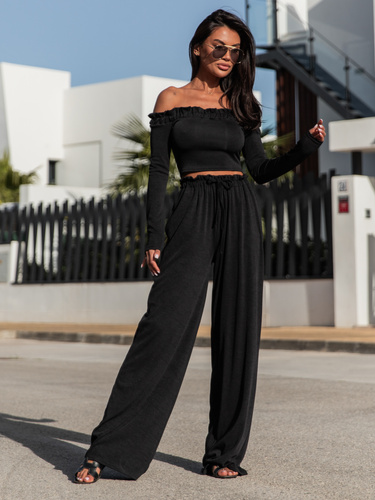 KOMPLET bluzka z długim rękawem opuszczana na ramiona i szerokie spodnie czarny X100 k01