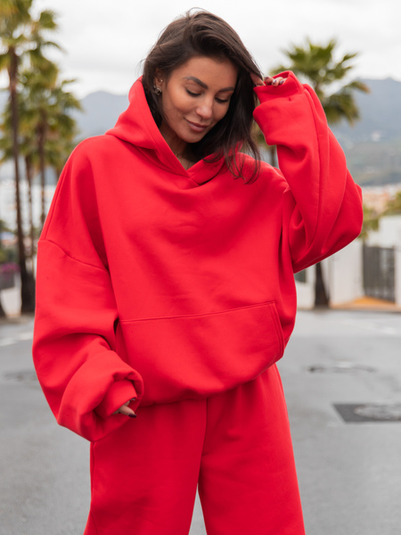 Viralowa Dresowa bawełniana BLUZA z kapturem oversize szeroka koralowa E644 k01