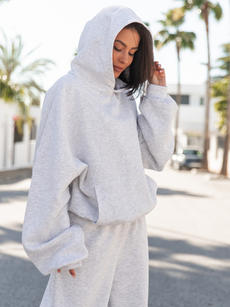 Viralowa Dresowa bawełniana BLUZA z kapturem oversize szeroka szary melanż E644