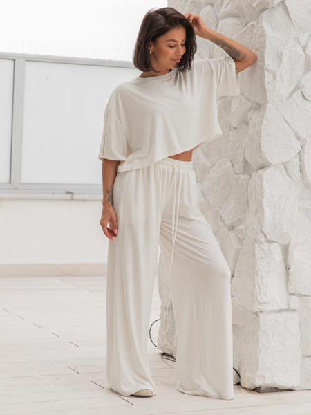 Wiscozowy luźny szeroki T-SHIRT z krótkim rękawem ecru X201 k01