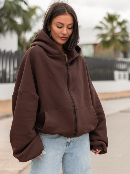 Oversizowa BLUZA z kapturem zapinana na zamek bluzowana kangurka z bawełnianej dresówki brązowa X1