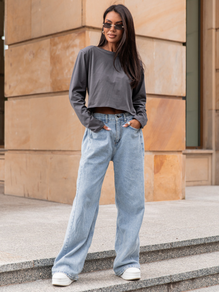 Bawełniany T-SHIRT bluzka z długim rękawem z poduszkami na ramionach grafitowa X308