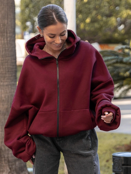 Bawełniana oversizowa BLUZA z kapturem zapinana na zamek z dresu drapanego bordowa X508