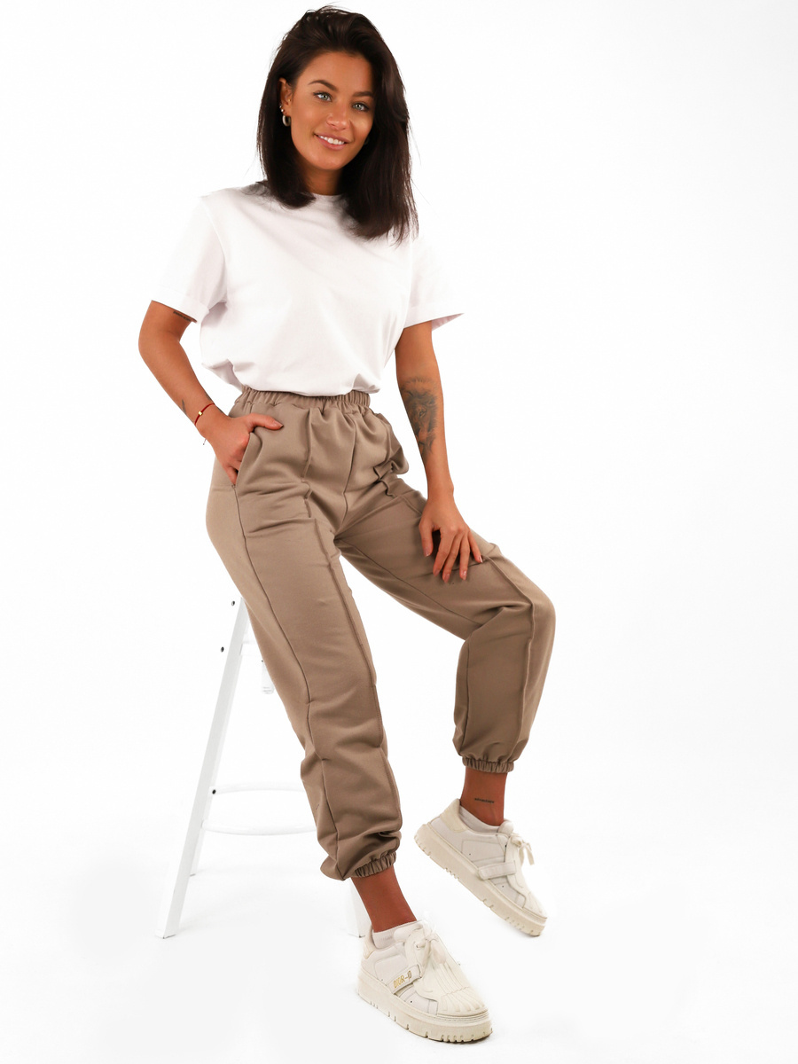 Dresowe bawełniane spodnie z przeszyciami cappuccino d119 k01