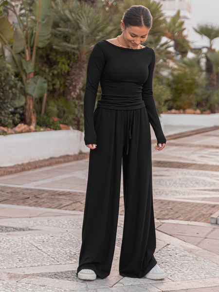 Dopasowana BLUZKA z dekoltem typu łódka z prążkowanej dzianiny wiscoza i bawełna czarna X504