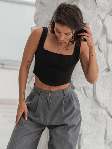 Dopasowany krótki gorset BLUZKA z przeszyciami czarna X213 k01