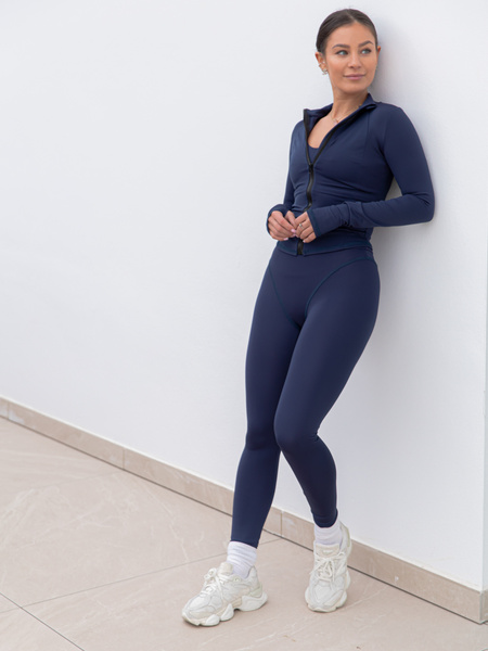 FITNESS / SIŁOWNIA / JOGA dopasowana BLUZA zapinana na zamek z długim rękawem navy blue F104