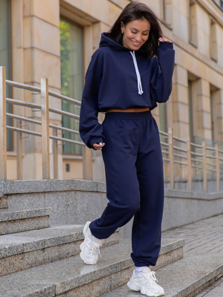 Dresowy bawełniany KOMPLET bluza kangurka z kapturem i spodnie klasyczny krój navy blue X305