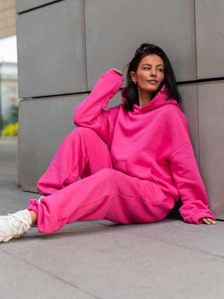 Dresowa bawełniana BLUZA z kapturem kangurka o klasycznym kroju różowa X350